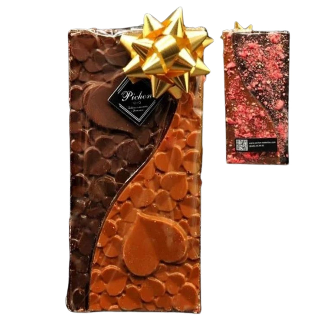 Tablette de Chocolat Noir & Chocolat au Lait - Caramel aux éclats de Praline Rose