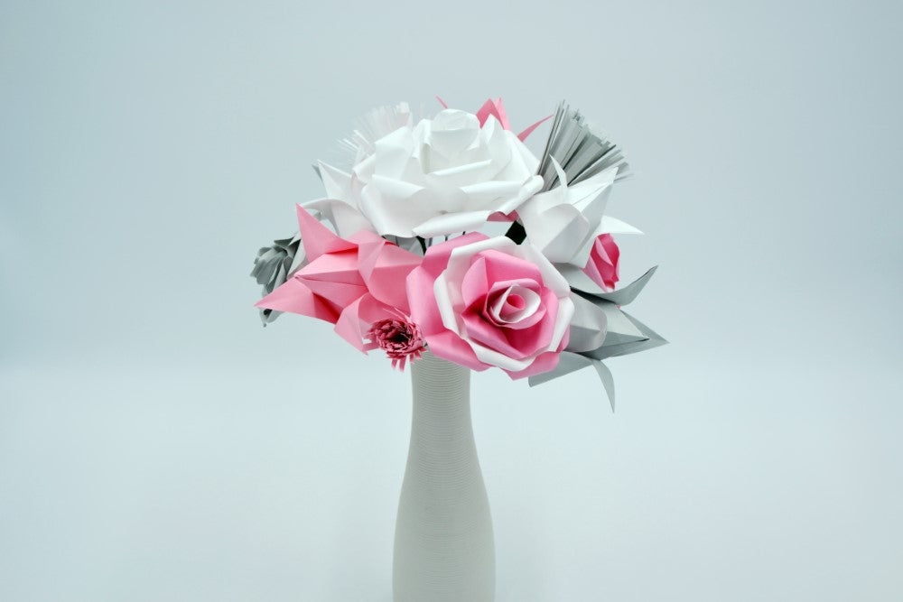 Bouquet de fleurs Origami Rose Blanc Gris "Julie"