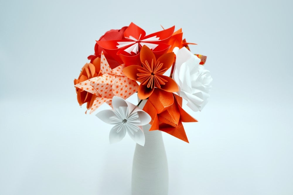 Bouquet de fleurs Origami Rouge Orange Blanc "Marie"