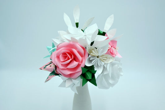 Bouquet de fleurs Origami Rose Blanc Vert Bleu "Rosemary"