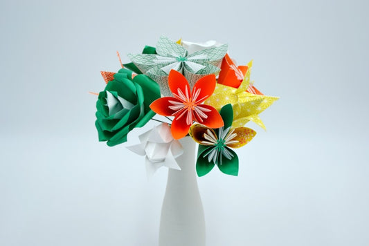 Bouquet de fleurs Origami Jaune Orange Vert Blanc "Thérèse"